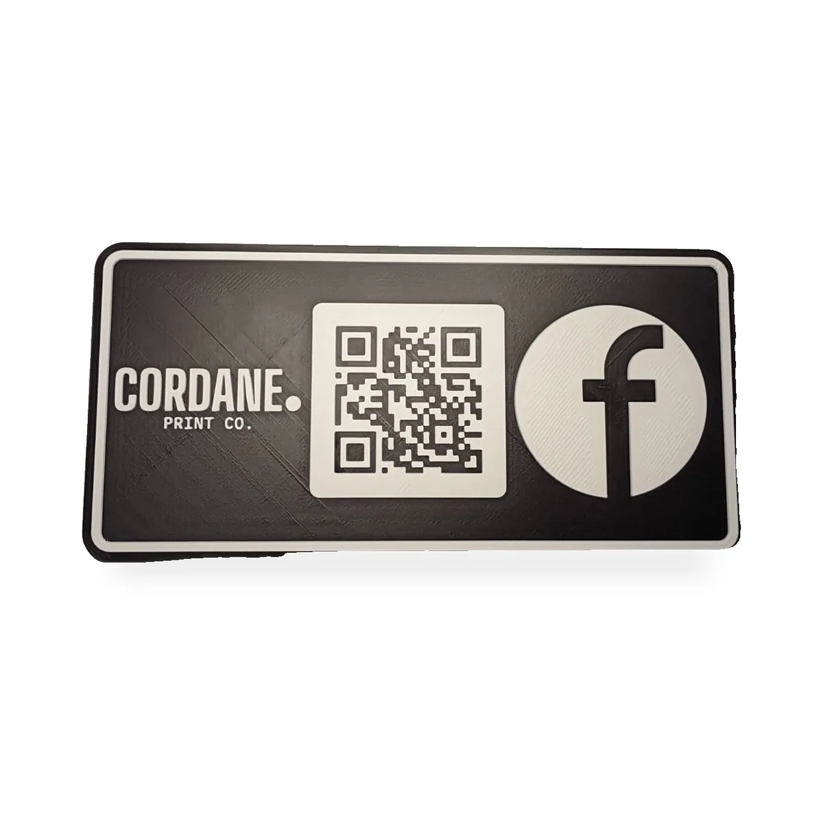 Combo QR + NFC review sign, 5 x 11 inches, front view with QR code and Facebook tap logo