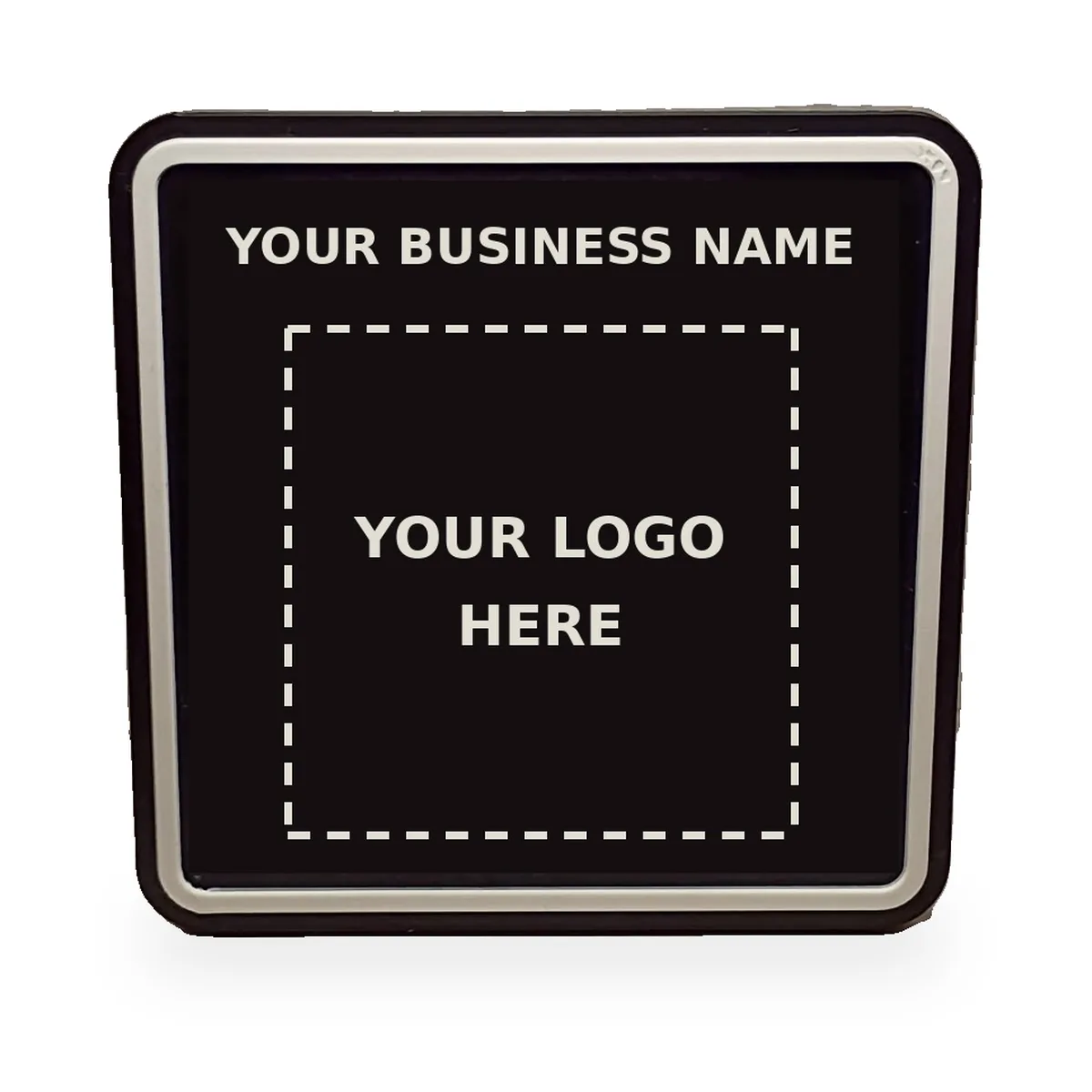 Custom QR + NFC review sign mockup with your business name and logo, 5 x 5 inches